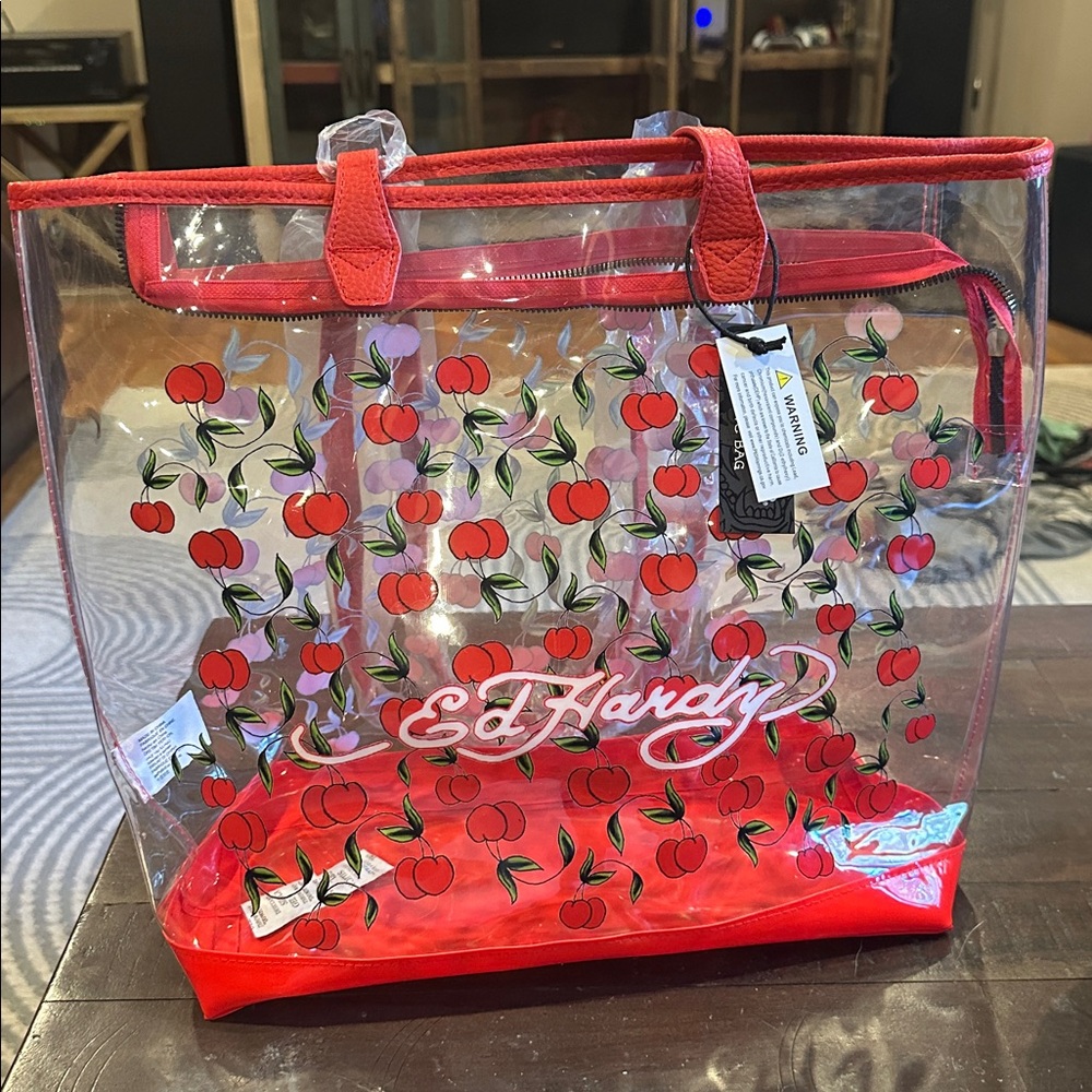Ed Hardy Clear Cherry Tote Bag in Red